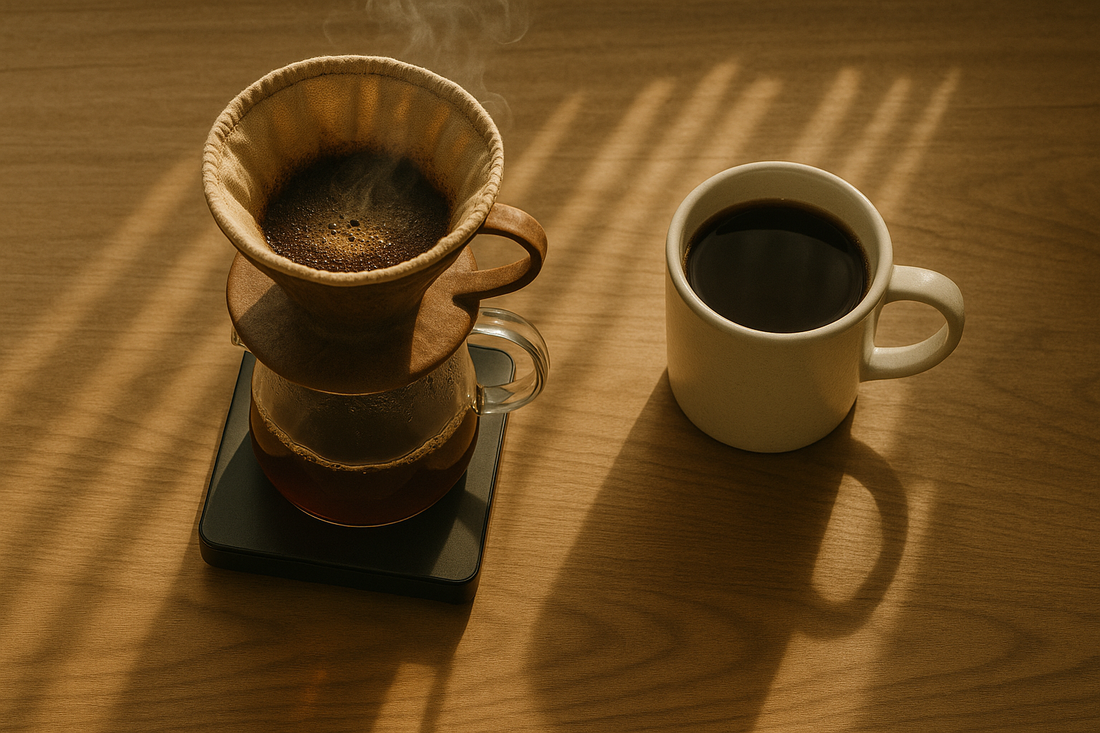  pour-over dripper on a scale, steam rising, sunlight hitting the mug just right.